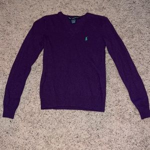 Ralph Lauren Sport Polo Purple V-Neck Sweater w/ Green Logo Size Small